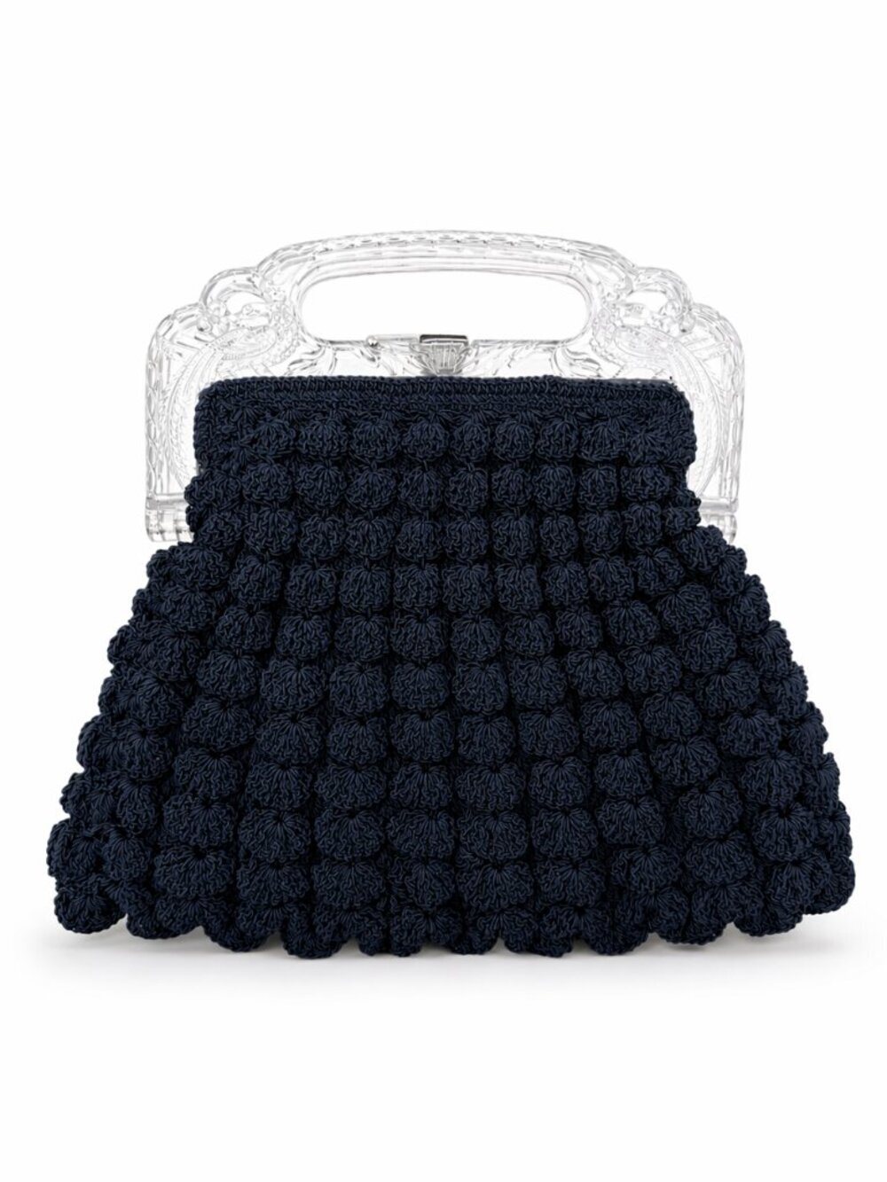 VINTAGE 30s Popcorn Crochet Navy Blue Peacock Handle Evening Bag